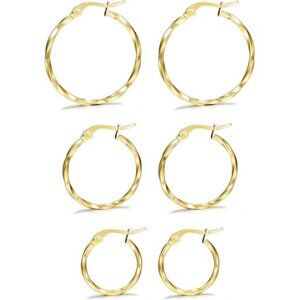 3Pairs Stainless Steel Twisted Gold Silver Small Hoop Earrings Set 15-25mm